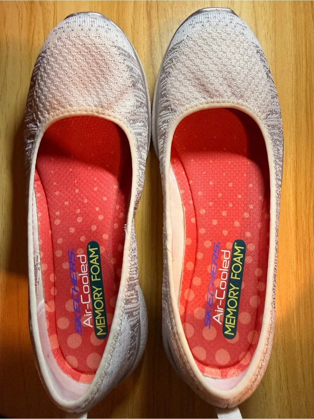 Skechers White Knit Slip-On Flats with Coral Polka-Dot Insole